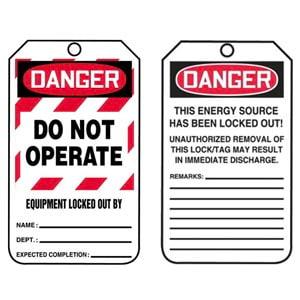 Lockout/Tagout Tag - Danger Do Not Operate Equipment Locked Out By